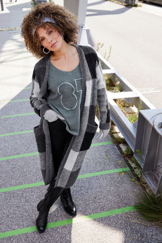 Extra Long Buffalo Check Open Shape Cardigan