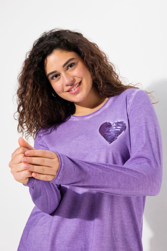 Cold Dyed Sequined Heart Long Sleeve Tee