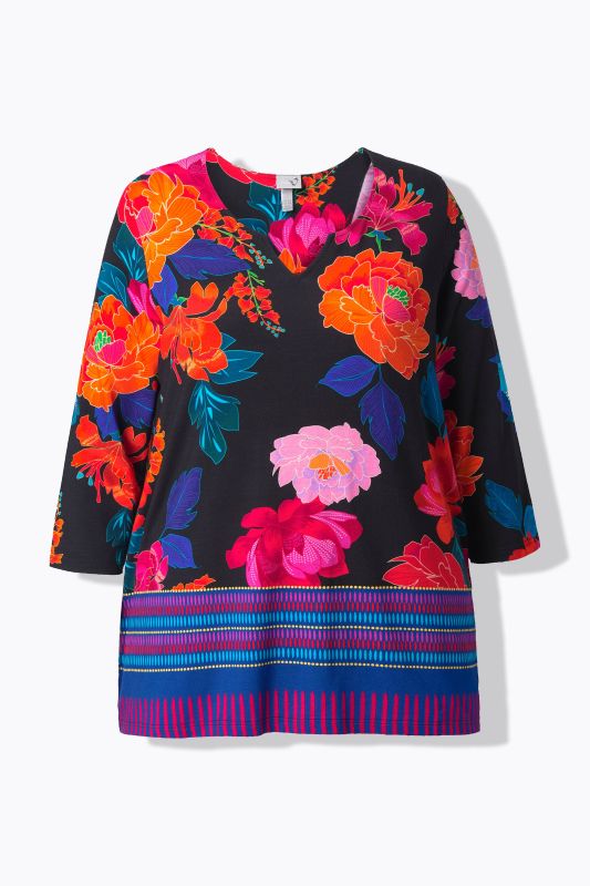 Country Floral Split Neck 3/4 Sleeve Tee