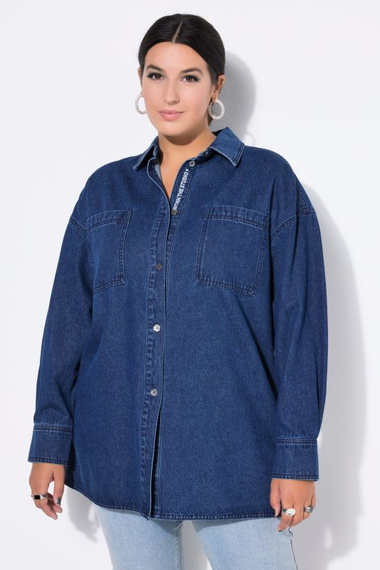Denim Embroidered Lettering Blouse