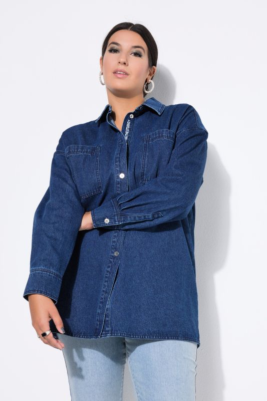 Denim Embroidered Lettering Blouse