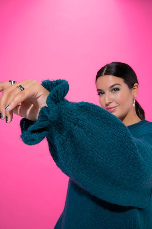 Ruffle Cuff Bishop Sleeve Sweater Dress