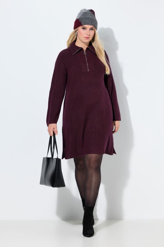 Ribbed Knit Long Sleeve Troyer Collar Dress