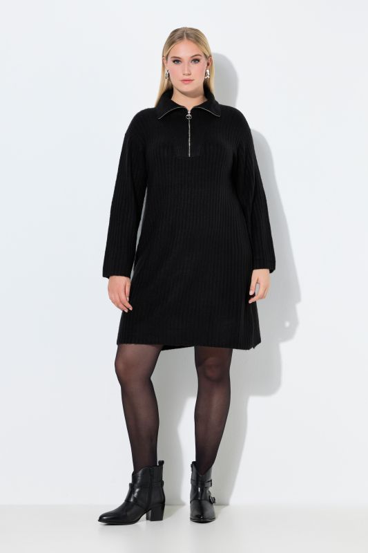 Ribbed Knit Long Sleeve Troyer Collar Dress