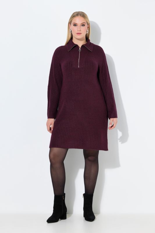 Ribbed Knit Long Sleeve Troyer Collar Dress