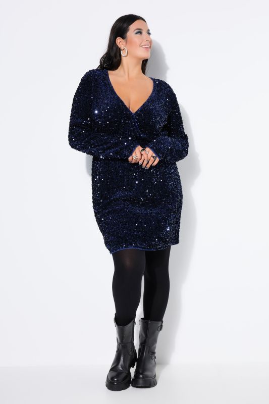 Sequined Wrap Look Long Sleeve V-Neck Dress