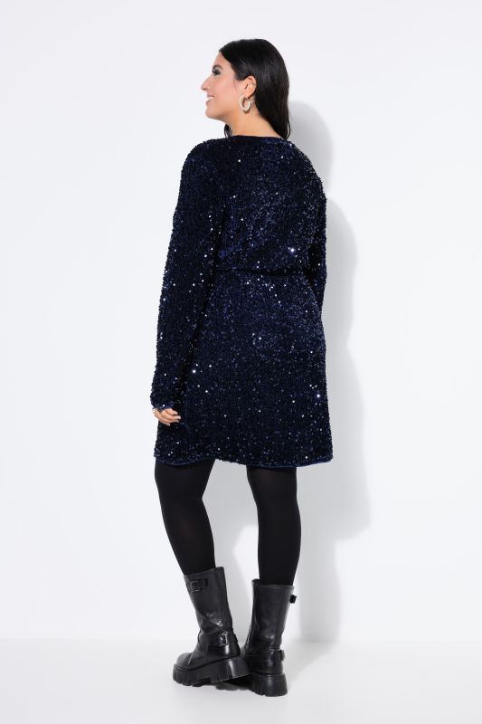 Sequined Wrap Look Long Sleeve V-Neck Dress