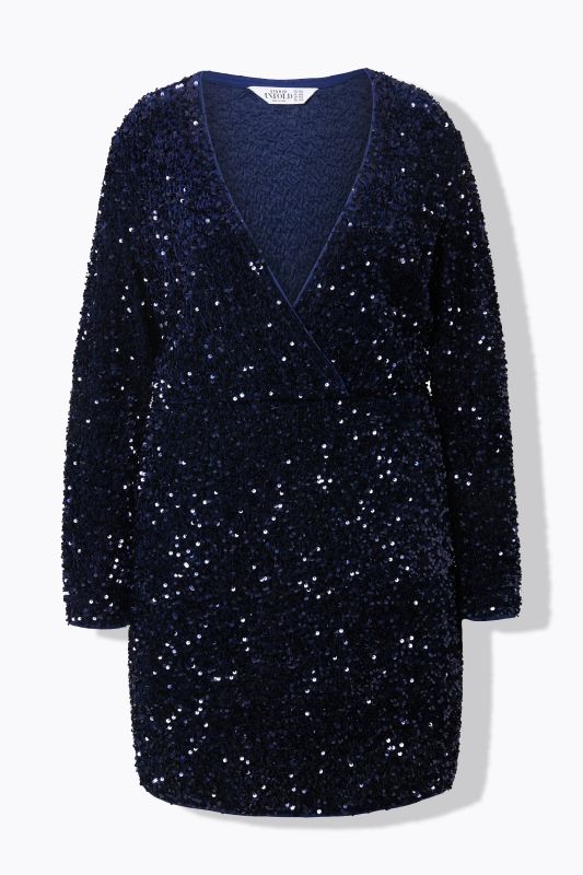Sequined Wrap Look Long Sleeve V-Neck Dress