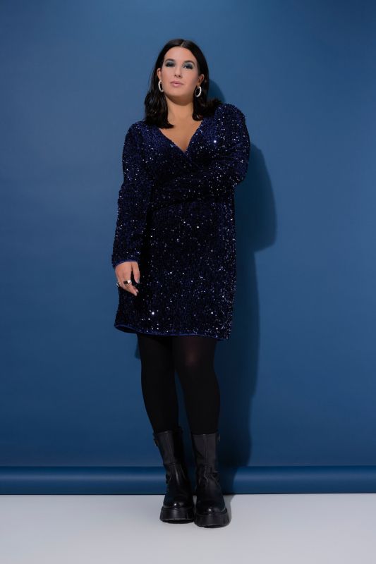 Sequined Wrap Look Long Sleeve V-Neck Dress