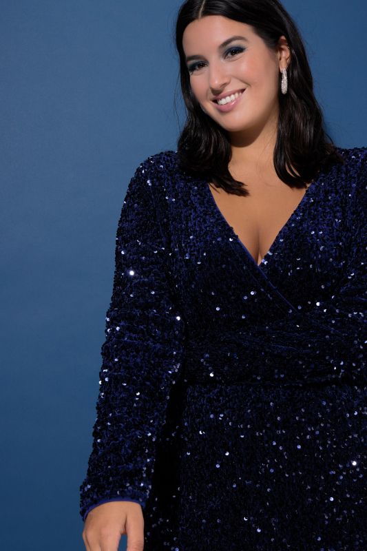 Sequined Wrap Look Long Sleeve V-Neck Dress