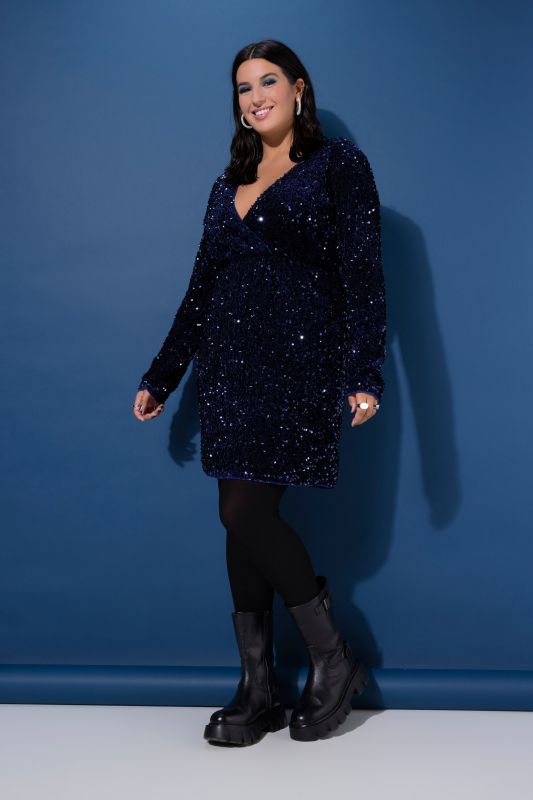 Sequined Wrap Look Long Sleeve V-Neck Dress