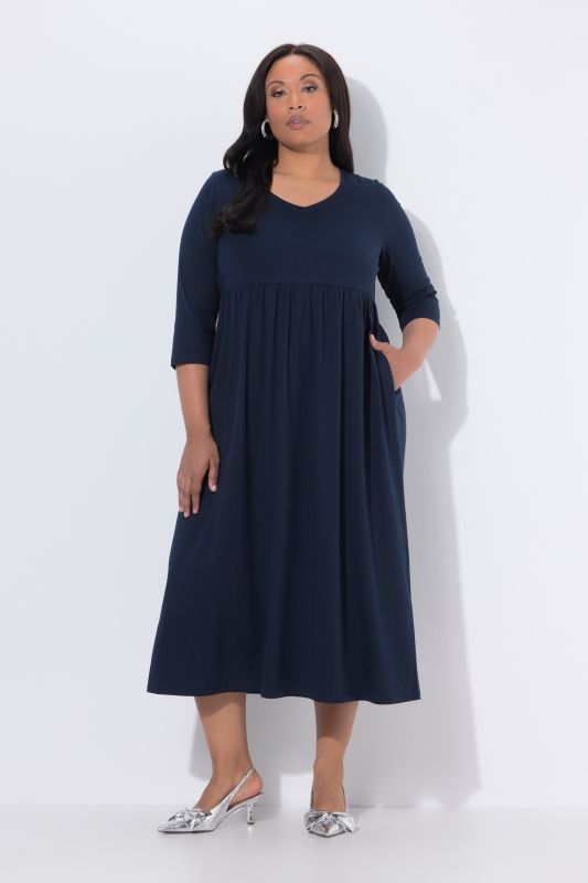 Cotton Knit V-Neck Empire A-line Pocket Dress