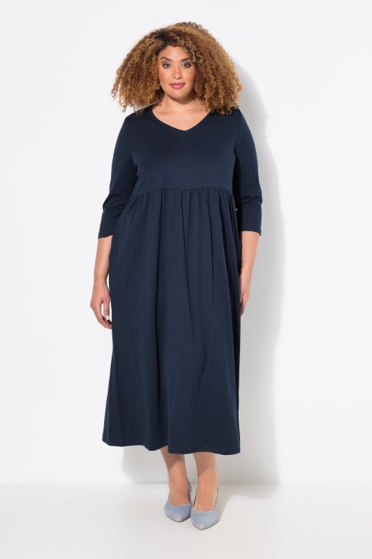 Cotton Knit V-Neck Empire A-line Pocket Dress