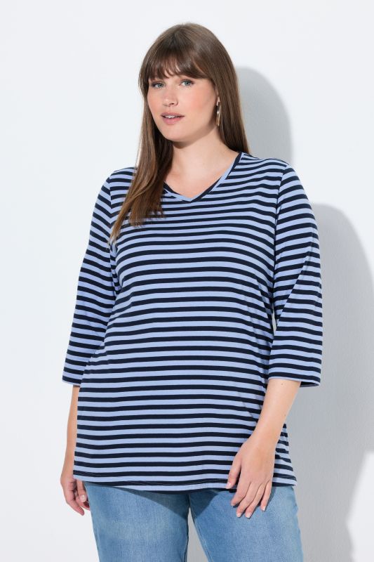 Eco Cotton Striped V-Neck 3/4 Sleeve Tee