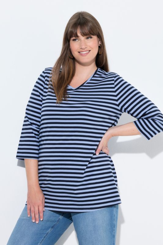 Eco Cotton Striped V-Neck 3/4 Sleeve Tee