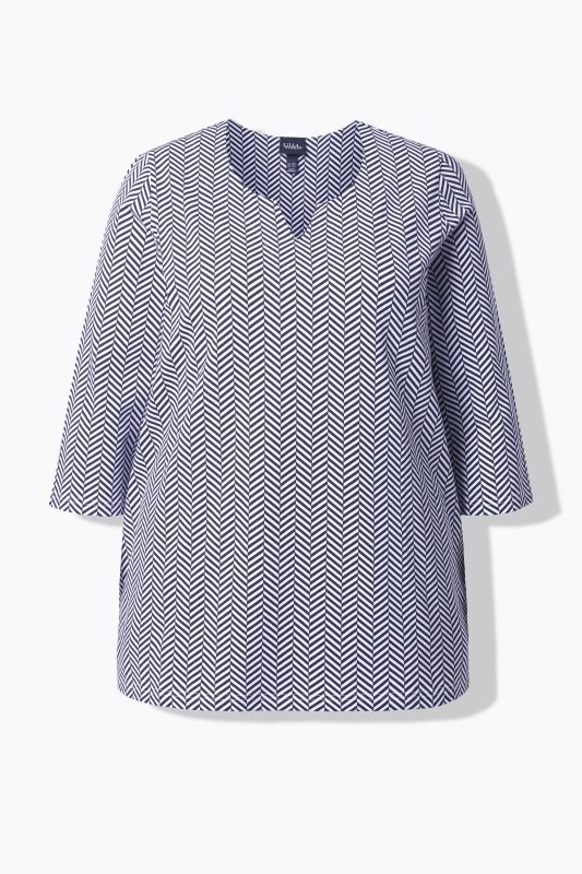 Herringbone Print Notch Neck A-line Fit Tee