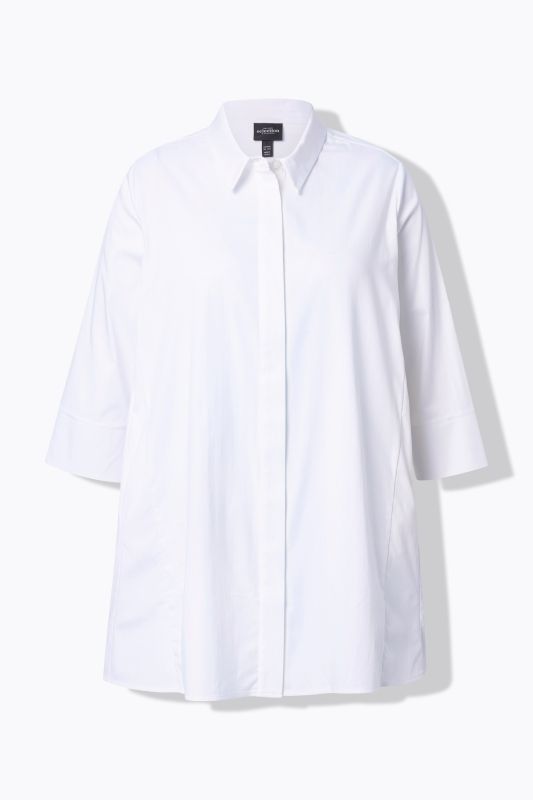 Swing Hem Button Front Stretch Cotton Blend Shirt