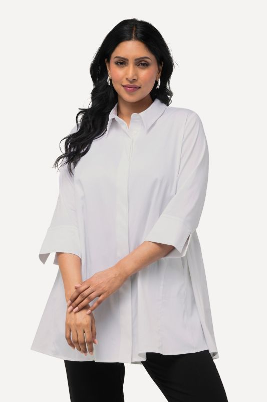 Swing Hem Button Front Stretch Cotton Blend Shirt