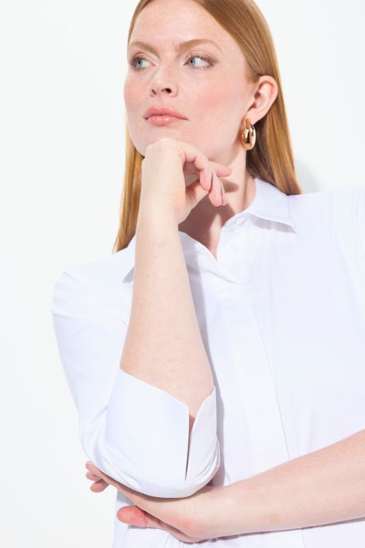 Swing Hem Button Front Stretch Cotton Blend Shirt