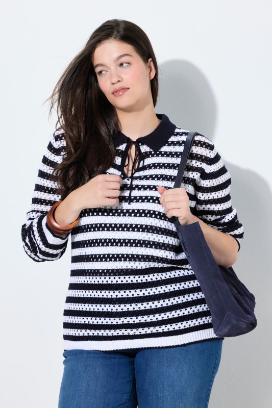Eco Cotton Openwork Knit Polo Sweater