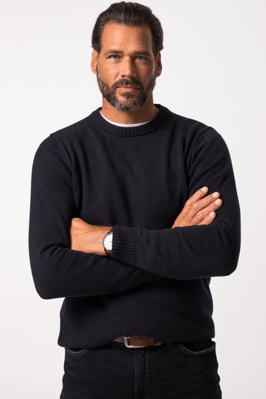 Памучен плетен пуловер с класическо кръгло деколте и дълги ръкави