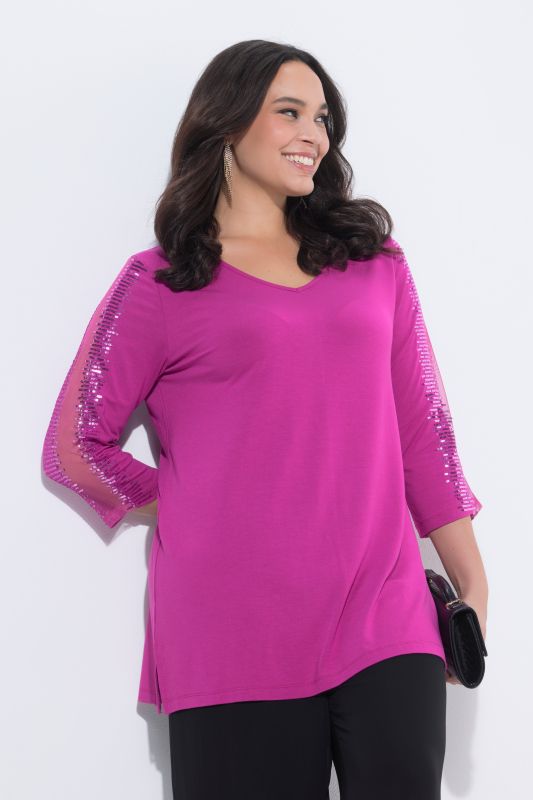 Sequined Mesh Sleeve Blouse