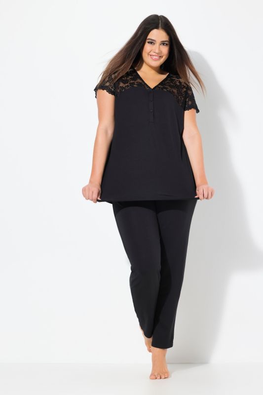 Lace Panel Two Piece Pajama Set