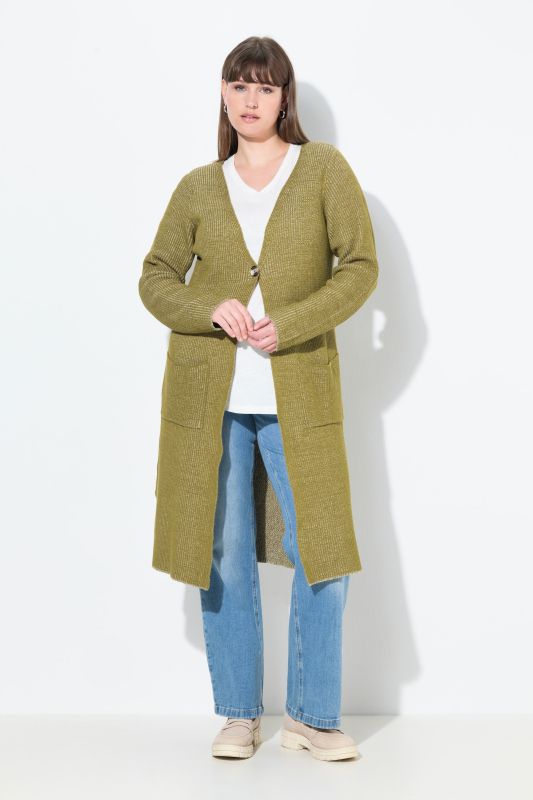 Eco Cotton Two-Tone Ribbed Knit Extra Long Cardigan