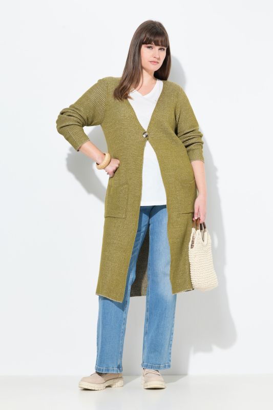 Eco Cotton Two-Tone Ribbed Knit Extra Long Cardigan
