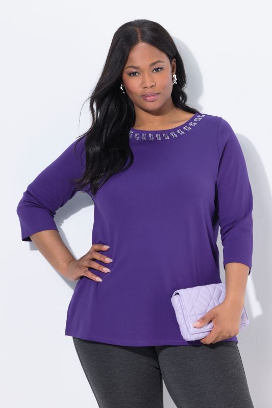 Rhinestone Boat Neck 3/4 Sleeve Top