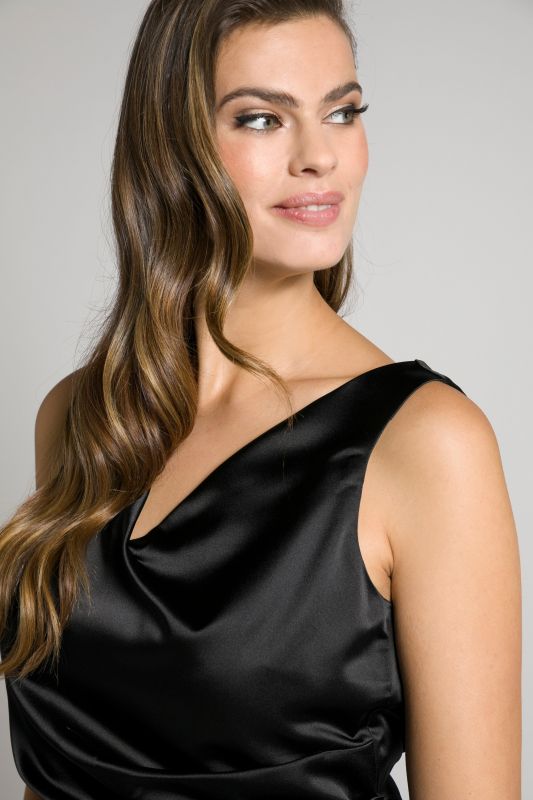 Draped Front V-Neck Satin Sleeveless Lined Occasion Dress