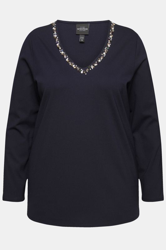 Rhinestone Neckline Long Sleeve V-Neck tee