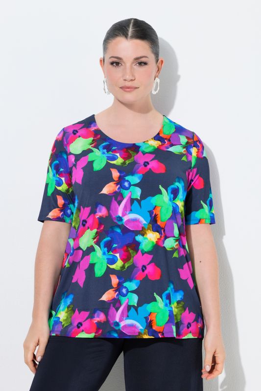 Neon Floral Short Sleeve Slinky Top