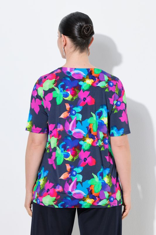 Neon Floral Short Sleeve Slinky Top