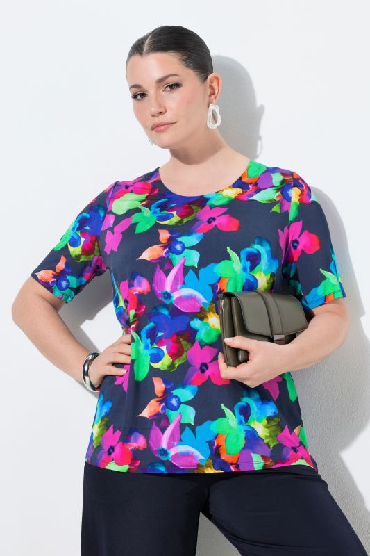 Neon Floral Short Sleeve Slinky Top
