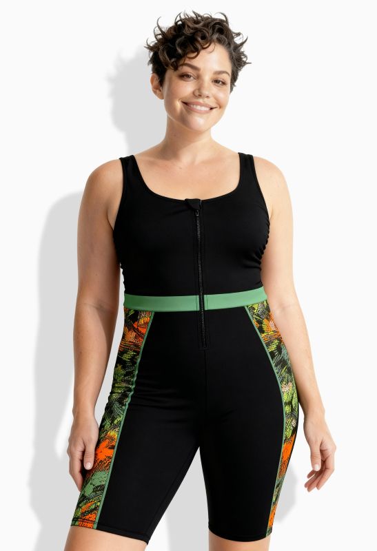 Jungle Print Zip-Front Unitard Swimsuit
