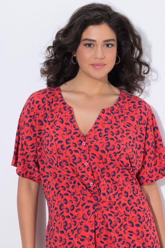 Strawberry Print Short Sleeve Split Neck Dress