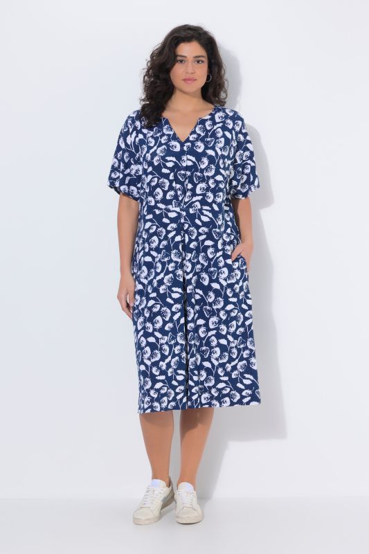 Strawberry Print Short Sleeve Split Neck Dress