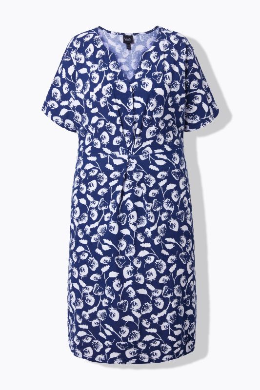 Strawberry Print Short Sleeve Split Neck Dress