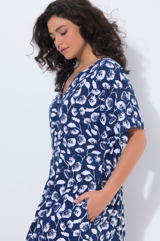 Strawberry Print Short Sleeve Split Neck Dress