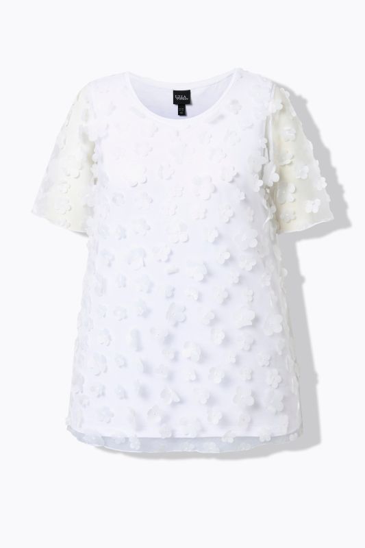 Тениска с мрежест акцент и 3D цветя