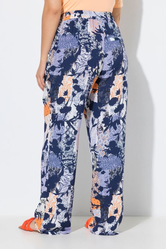 Floral Patchwork Print Elastic Waist Crepe Pants