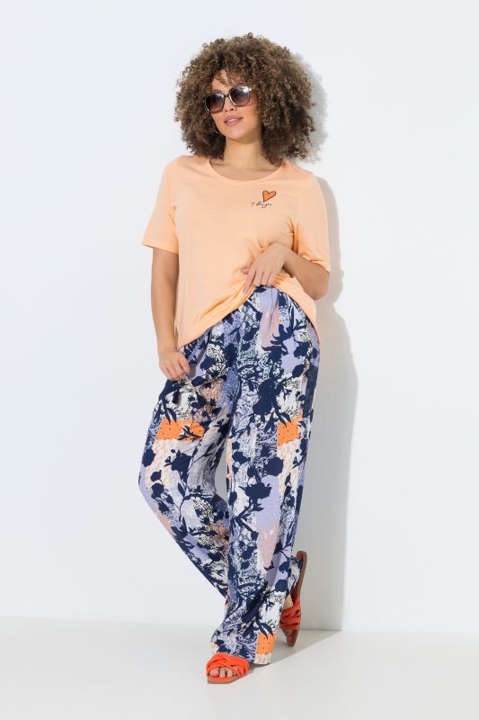 Floral Patchwork Print Elastic Waist Crepe Pants