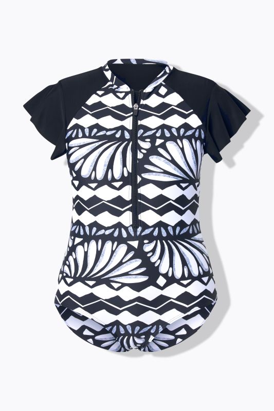 Ammonite Cap Sleeve Zip Front Swimsuit