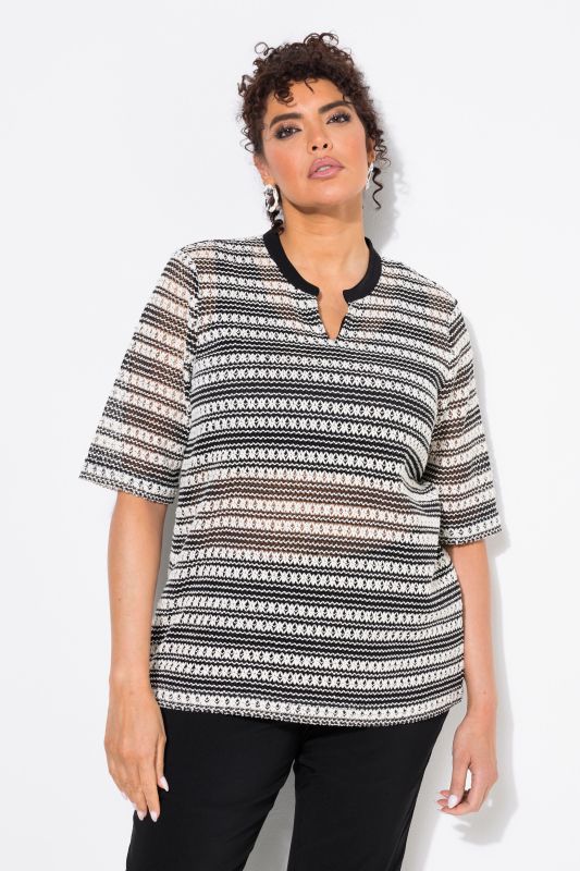 Openwork Striped Short Sleeve Split Neck Top