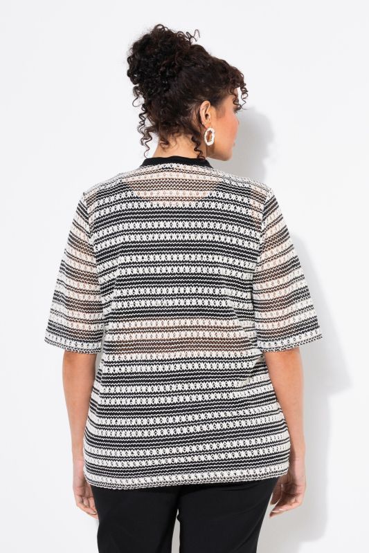 Openwork Striped Short Sleeve Split Neck Top