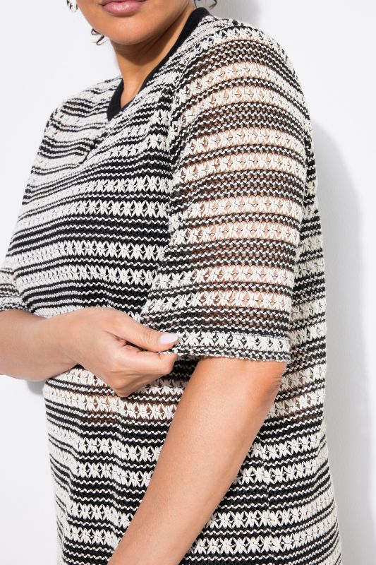 Openwork Striped Short Sleeve Split Neck Top