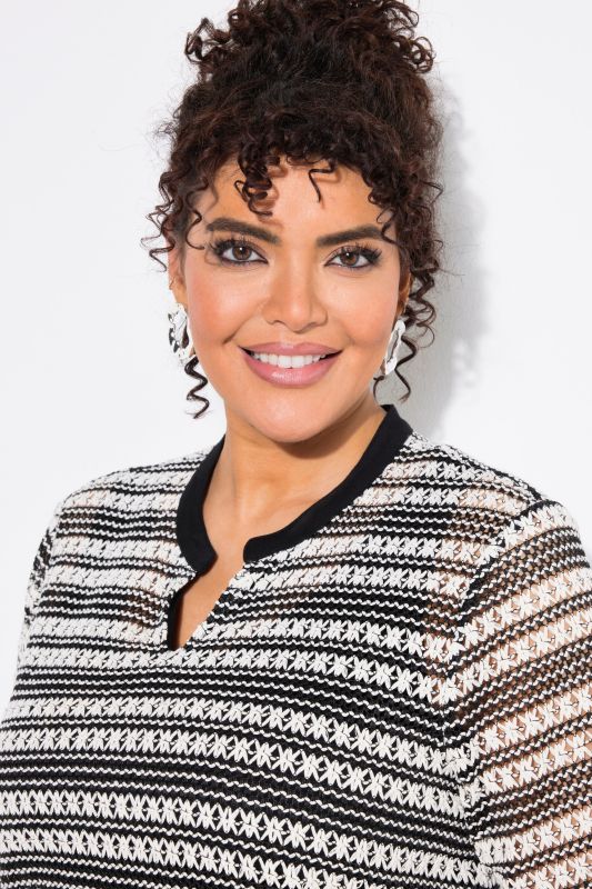 Openwork Striped Short Sleeve Split Neck Top