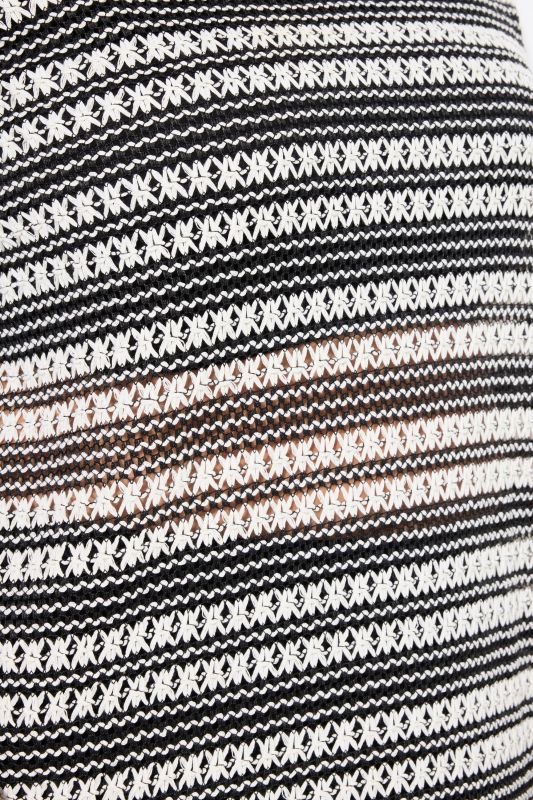 Openwork Striped Short Sleeve Split Neck Top