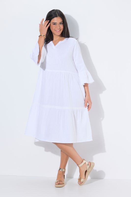 Textured Muslin 3/4 Sleeve Flounce Panel Dress
